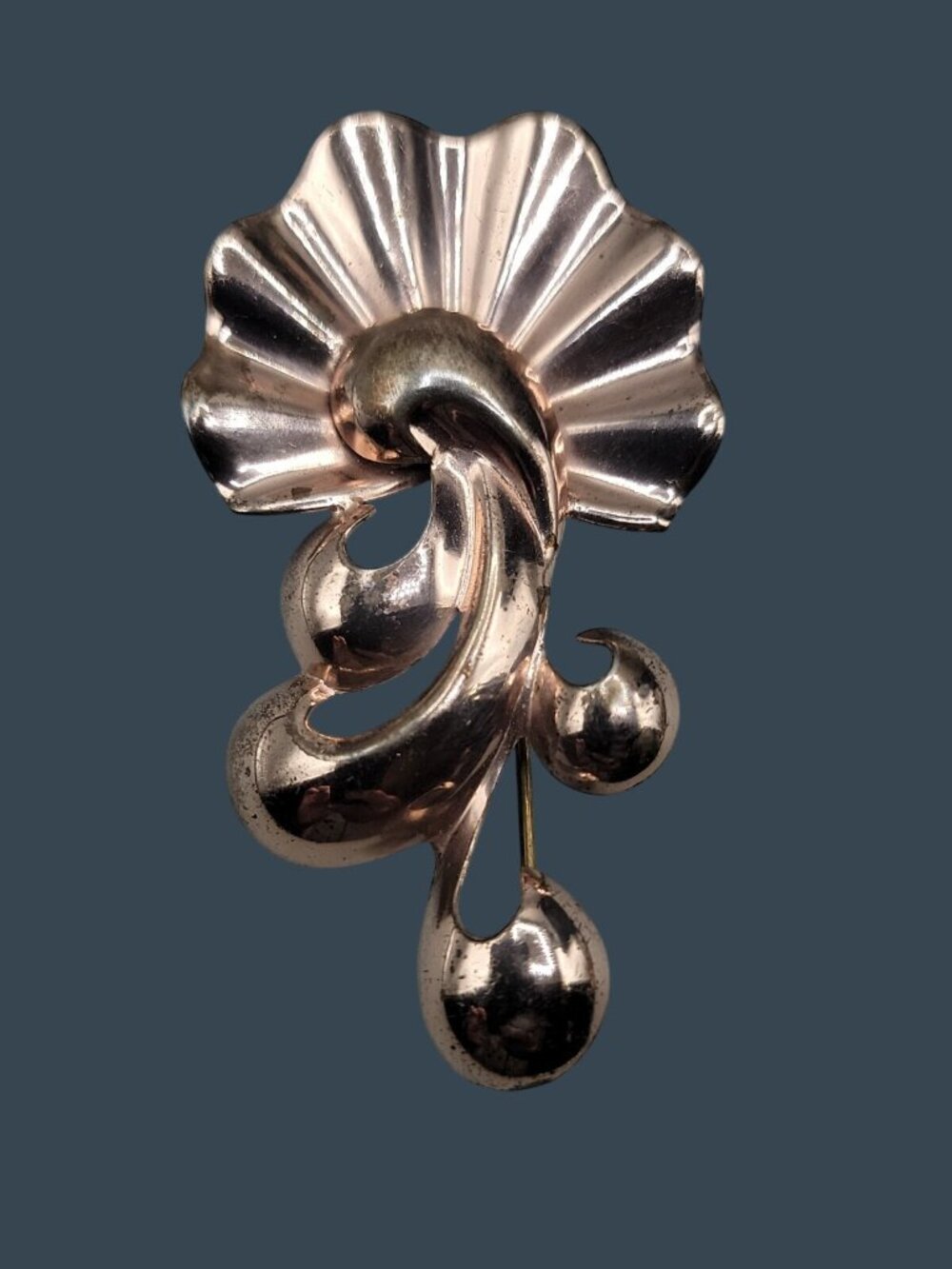 Rare 1940s Vintage MONET STERLING Silver Rose Gold Vermeil Retro Fan Brooch Pin - Picture 3 of 7
